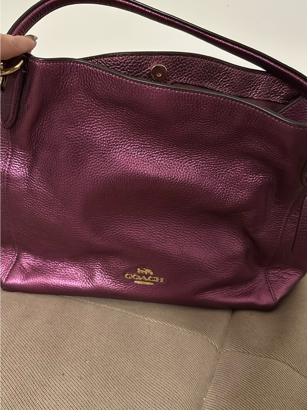 Coach Metallic Plum Leather Shoulder Bag with Gold Hardware